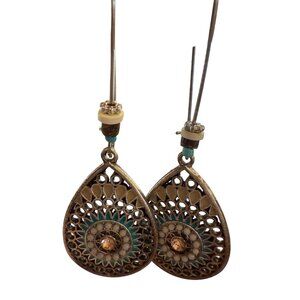 Boho Chic Teardrop Earrings With Turquoise & White Beads Antique Gold Finish Lig